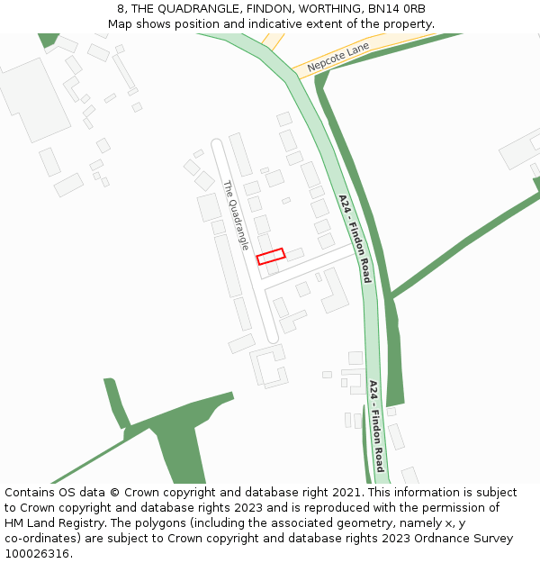 8, THE QUADRANGLE, FINDON, WORTHING, BN14 0RB: Location map and indicative extent of plot