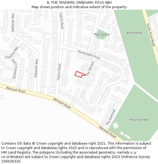 8, THE TANNERS, FAREHAM, PO14 4BH: Location map and indicative extent of plot