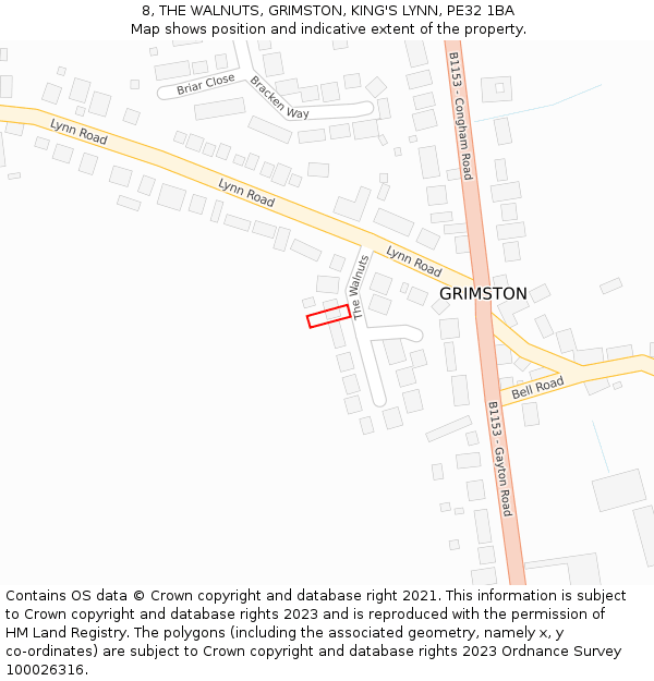 8, THE WALNUTS, GRIMSTON, KING'S LYNN, PE32 1BA: Location map and indicative extent of plot