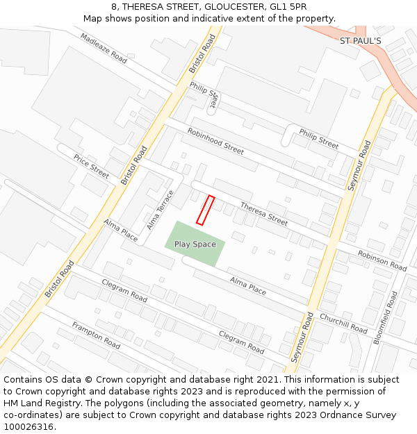 8, THERESA STREET, GLOUCESTER, GL1 5PR: Location map and indicative extent of plot