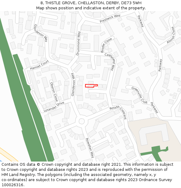 8, THISTLE GROVE, CHELLASTON, DERBY, DE73 5WH: Location map and indicative extent of plot