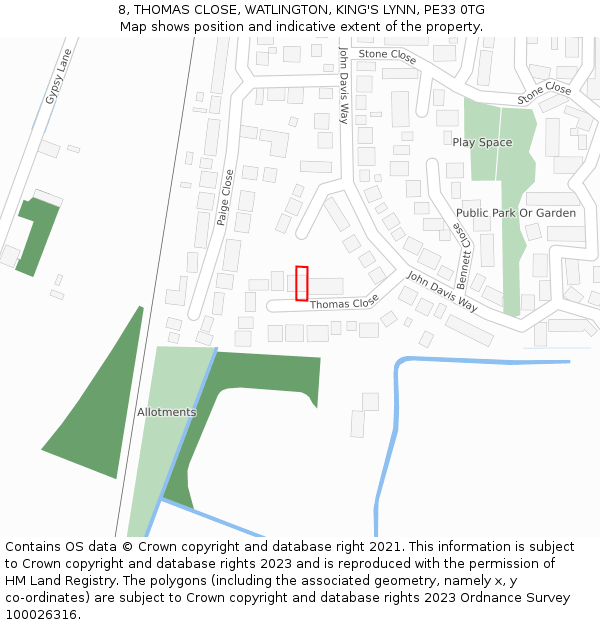 8, THOMAS CLOSE, WATLINGTON, KING'S LYNN, PE33 0TG: Location map and indicative extent of plot