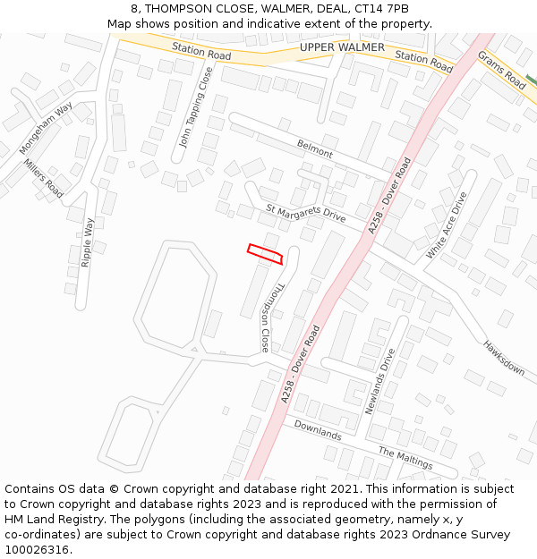 8, THOMPSON CLOSE, WALMER, DEAL, CT14 7PB: Location map and indicative extent of plot