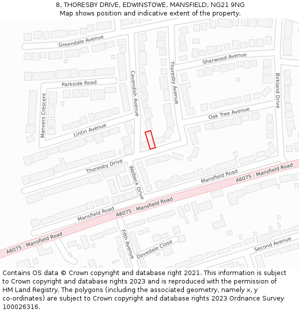 8, THORESBY DRIVE, EDWINSTOWE, MANSFIELD, NG21 9NG: Location map and indicative extent of plot