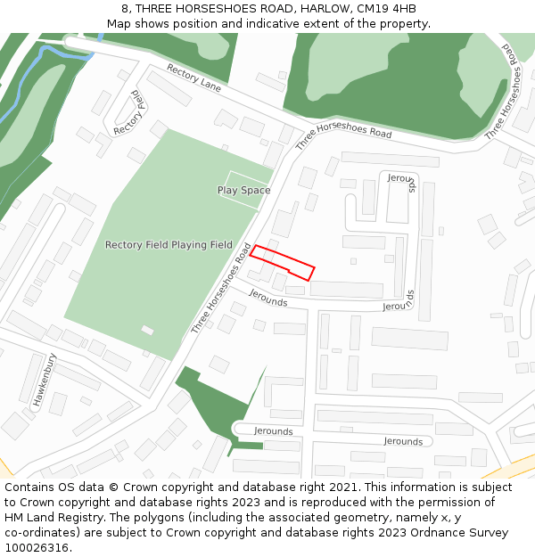 8, THREE HORSESHOES ROAD, HARLOW, CM19 4HB: Location map and indicative extent of plot