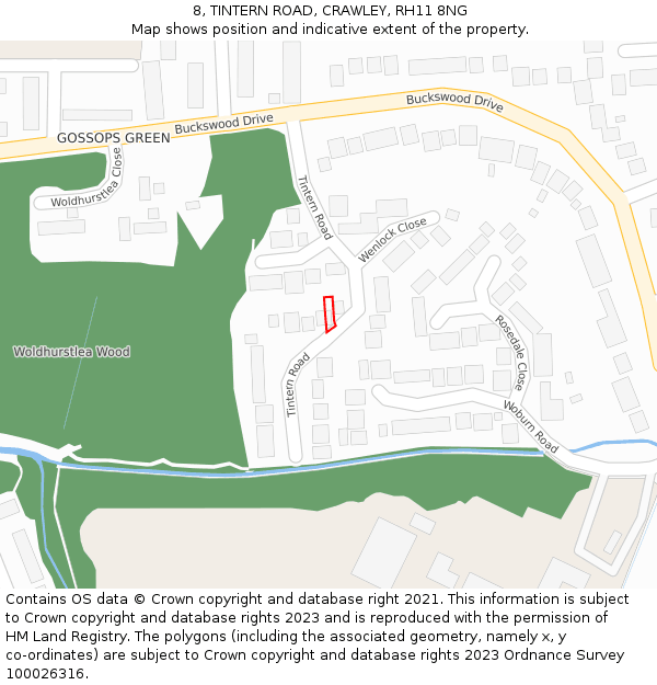 8, TINTERN ROAD, CRAWLEY, RH11 8NG: Location map and indicative extent of plot