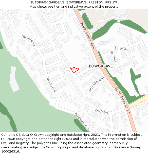 8, TOPIARY GARDENS, BOWGREAVE, PRESTON, PR3 1YF: Location map and indicative extent of plot