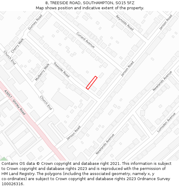 8, TREESIDE ROAD, SOUTHAMPTON, SO15 5FZ: Location map and indicative extent of plot