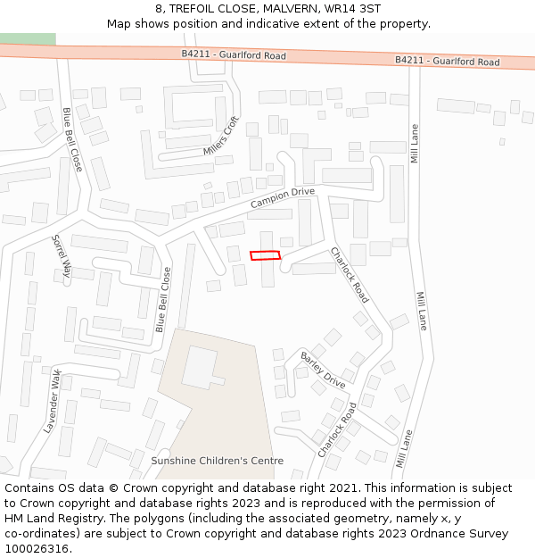 8, TREFOIL CLOSE, MALVERN, WR14 3ST: Location map and indicative extent of plot