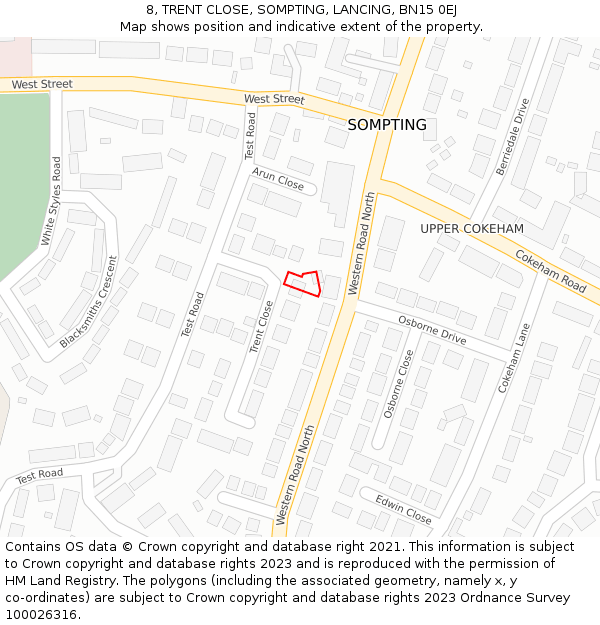 8, TRENT CLOSE, SOMPTING, LANCING, BN15 0EJ: Location map and indicative extent of plot