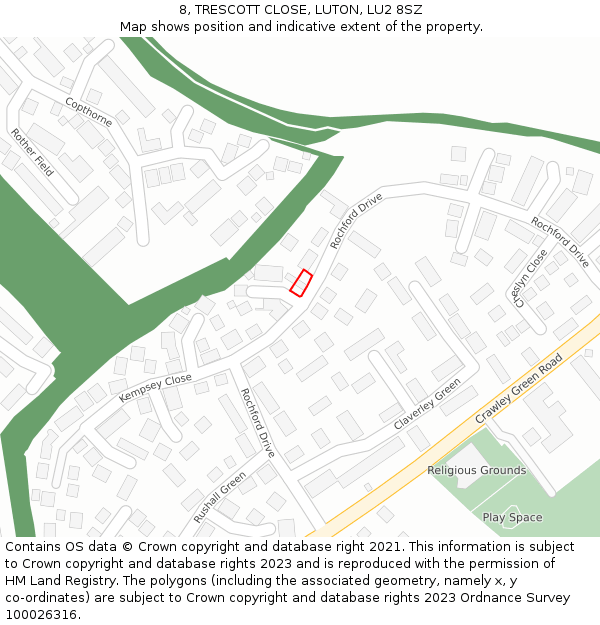 8, TRESCOTT CLOSE, LUTON, LU2 8SZ: Location map and indicative extent of plot