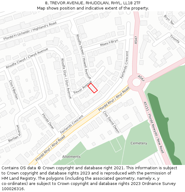 8, TREVOR AVENUE, RHUDDLAN, RHYL, LL18 2TF: Location map and indicative extent of plot