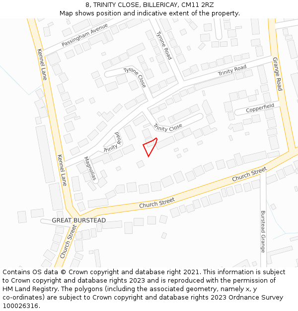 8, TRINITY CLOSE, BILLERICAY, CM11 2RZ: Location map and indicative extent of plot