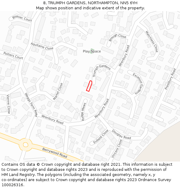 8, TRIUMPH GARDENS, NORTHAMPTON, NN5 6YH: Location map and indicative extent of plot