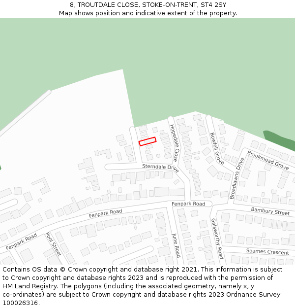 8, TROUTDALE CLOSE, STOKE-ON-TRENT, ST4 2SY: Location map and indicative extent of plot