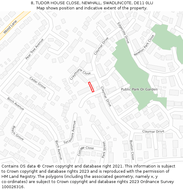 8, TUDOR HOUSE CLOSE, NEWHALL, SWADLINCOTE, DE11 0LU: Location map and indicative extent of plot