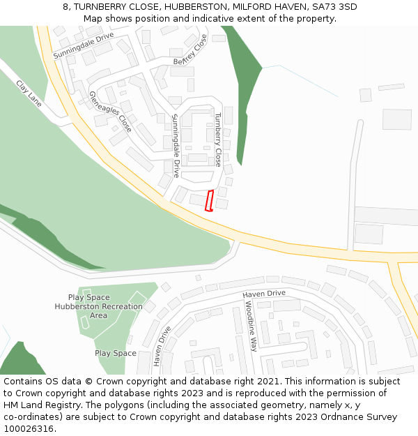 8, TURNBERRY CLOSE, HUBBERSTON, MILFORD HAVEN, SA73 3SD: Location map and indicative extent of plot