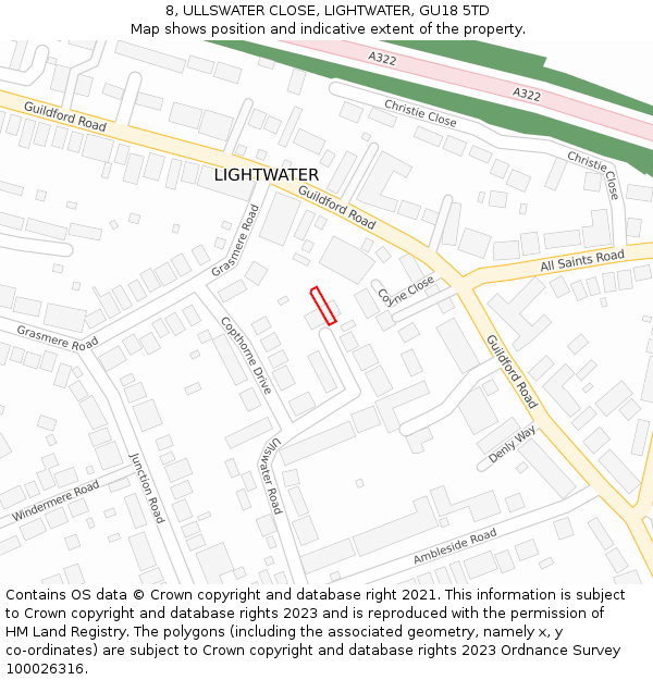 8, ULLSWATER CLOSE, LIGHTWATER, GU18 5TD: Location map and indicative extent of plot