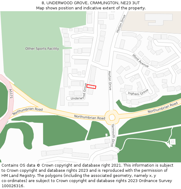 8, UNDERWOOD GROVE, CRAMLINGTON, NE23 3UT: Location map and indicative extent of plot