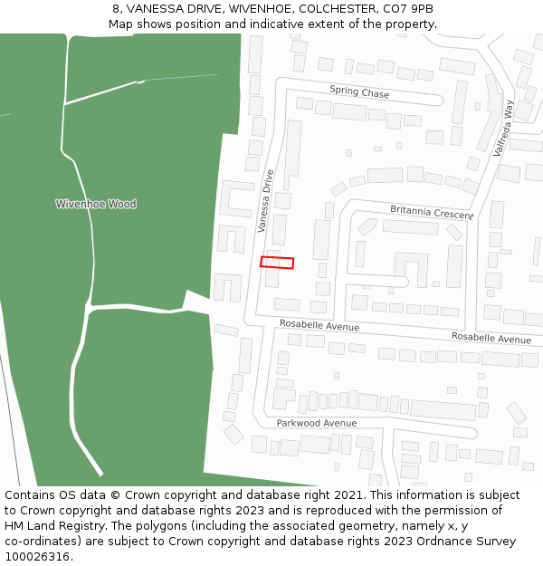 8, VANESSA DRIVE, WIVENHOE, COLCHESTER, CO7 9PB: Location map and indicative extent of plot