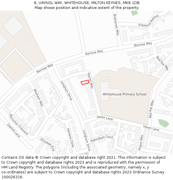 8, VAYNOL WAY, WHITEHOUSE, MILTON KEYNES, MK8 1DB: Location map and indicative extent of plot