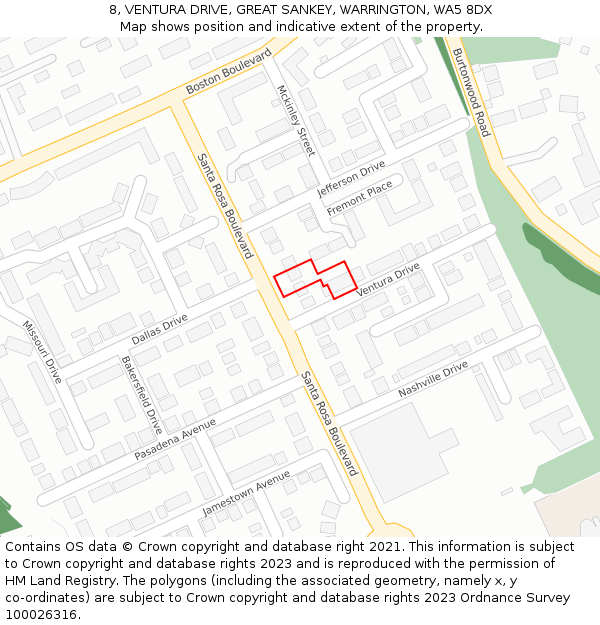 8, VENTURA DRIVE, GREAT SANKEY, WARRINGTON, WA5 8DX: Location map and indicative extent of plot