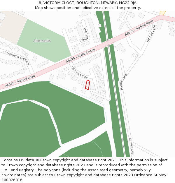 8, VICTORIA CLOSE, BOUGHTON, NEWARK, NG22 9JA: Location map and indicative extent of plot