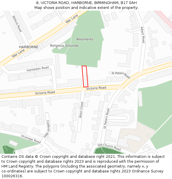 8, VICTORIA ROAD, HARBORNE, BIRMINGHAM, B17 0AH: Location map and indicative extent of plot