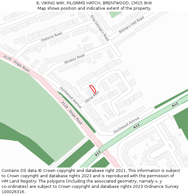 8, VIKING WAY, PILGRIMS HATCH, BRENTWOOD, CM15 9HX: Location map and indicative extent of plot