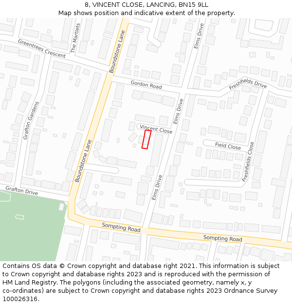 8, VINCENT CLOSE, LANCING, BN15 9LL: Location map and indicative extent of plot