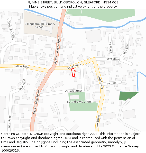 8, VINE STREET, BILLINGBOROUGH, SLEAFORD, NG34 0QE: Location map and indicative extent of plot