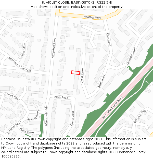 8, VIOLET CLOSE, BASINGSTOKE, RG22 5NJ: Location map and indicative extent of plot