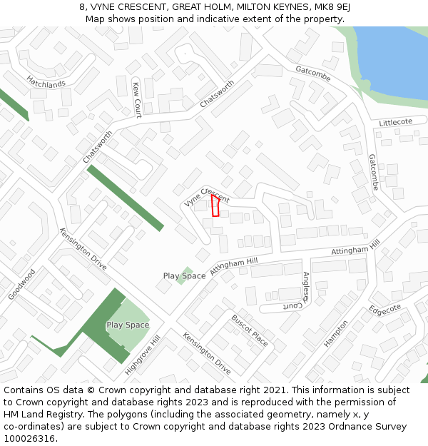 8, VYNE CRESCENT, GREAT HOLM, MILTON KEYNES, MK8 9EJ: Location map and indicative extent of plot