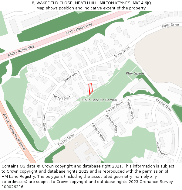 8, WAKEFIELD CLOSE, NEATH HILL, MILTON KEYNES, MK14 6JQ: Location map and indicative extent of plot