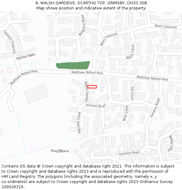 8, WALSH GARDENS, SCARTHO TOP, GRIMSBY, DN33 3SB: Location map and indicative extent of plot