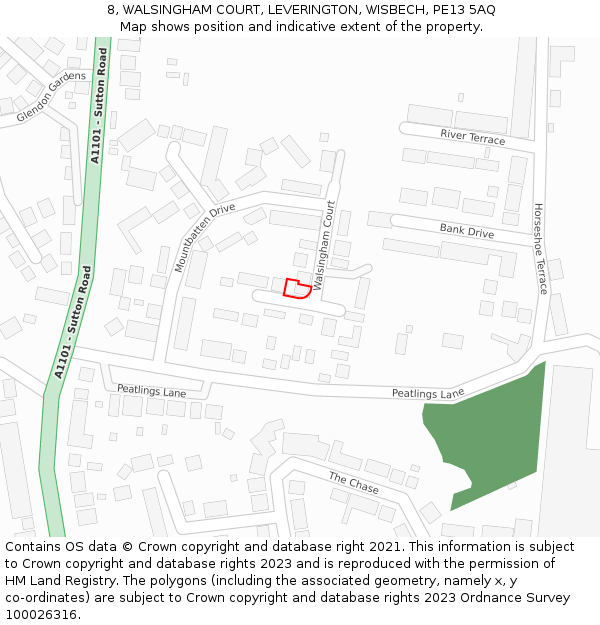 8, WALSINGHAM COURT, LEVERINGTON, WISBECH, PE13 5AQ: Location map and indicative extent of plot