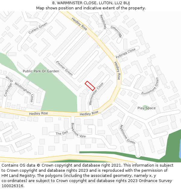 8, WARMINSTER CLOSE, LUTON, LU2 8UJ: Location map and indicative extent of plot