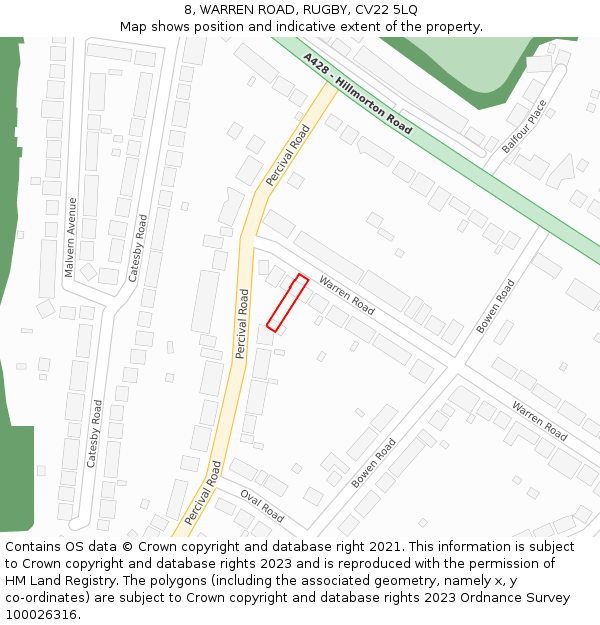 8, WARREN ROAD, RUGBY, CV22 5LQ: Location map and indicative extent of plot