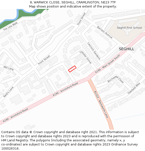 8, WARWICK CLOSE, SEGHILL, CRAMLINGTON, NE23 7TP: Location map and indicative extent of plot