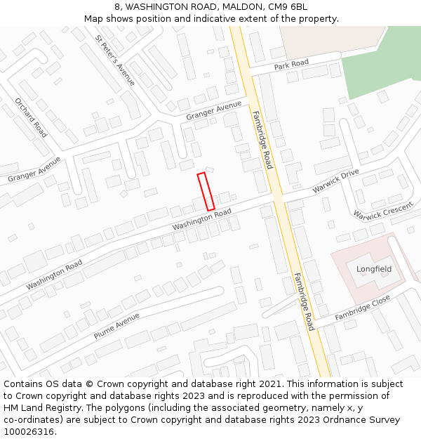 8, WASHINGTON ROAD, MALDON, CM9 6BL: Location map and indicative extent of plot