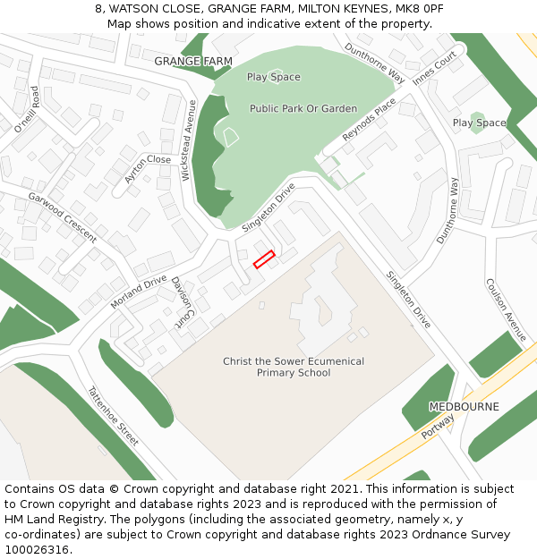 8, WATSON CLOSE, GRANGE FARM, MILTON KEYNES, MK8 0PF: Location map and indicative extent of plot