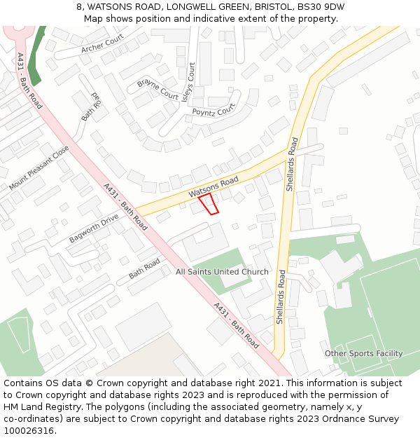 8, WATSONS ROAD, LONGWELL GREEN, BRISTOL, BS30 9DW: Location map and indicative extent of plot
