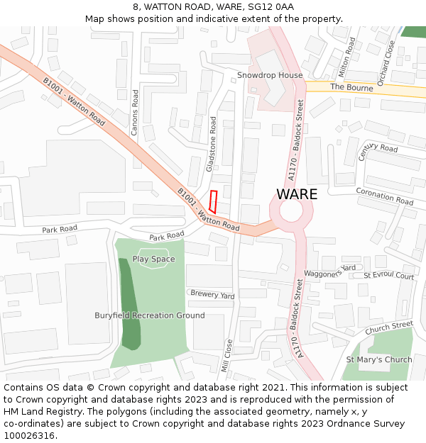 8, WATTON ROAD, WARE, SG12 0AA: Location map and indicative extent of plot