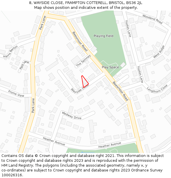 8, WAYSIDE CLOSE, FRAMPTON COTTERELL, BRISTOL, BS36 2JL: Location map and indicative extent of plot