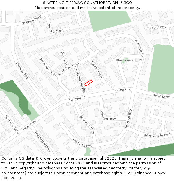 8, WEEPING ELM WAY, SCUNTHORPE, DN16 3GQ: Location map and indicative extent of plot