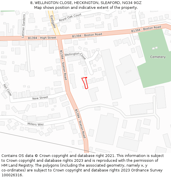 8, WELLINGTON CLOSE, HECKINGTON, SLEAFORD, NG34 9GZ: Location map and indicative extent of plot