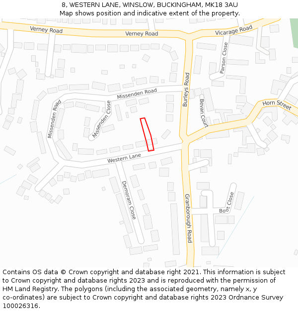 8, WESTERN LANE, WINSLOW, BUCKINGHAM, MK18 3AU: Location map and indicative extent of plot