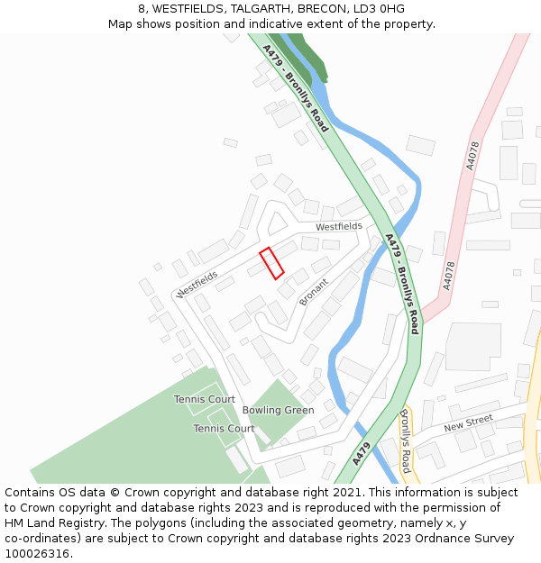 8, WESTFIELDS, TALGARTH, BRECON, LD3 0HG: Location map and indicative extent of plot