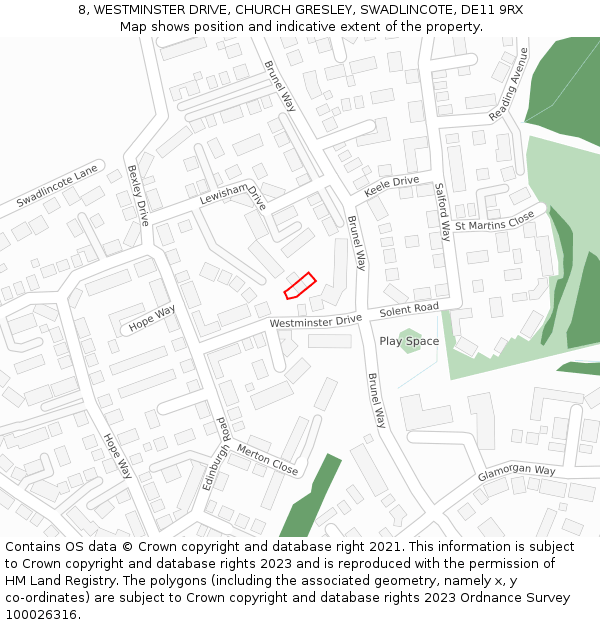 8, WESTMINSTER DRIVE, CHURCH GRESLEY, SWADLINCOTE, DE11 9RX: Location map and indicative extent of plot