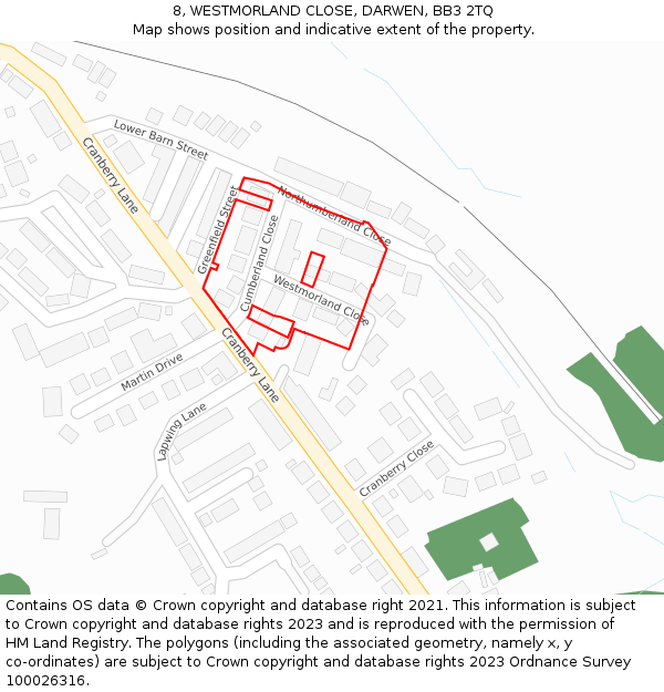 8, WESTMORLAND CLOSE, DARWEN, BB3 2TQ: Location map and indicative extent of plot